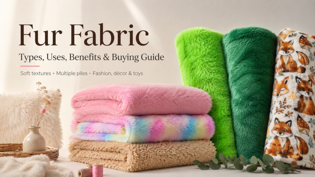 Fur fabric guide featuring soft faux fur swatches, pink rabbit fur, rainbow fur, green fur, sherpa fleece and printed soft toy fabric for fashion, home decor and toys.